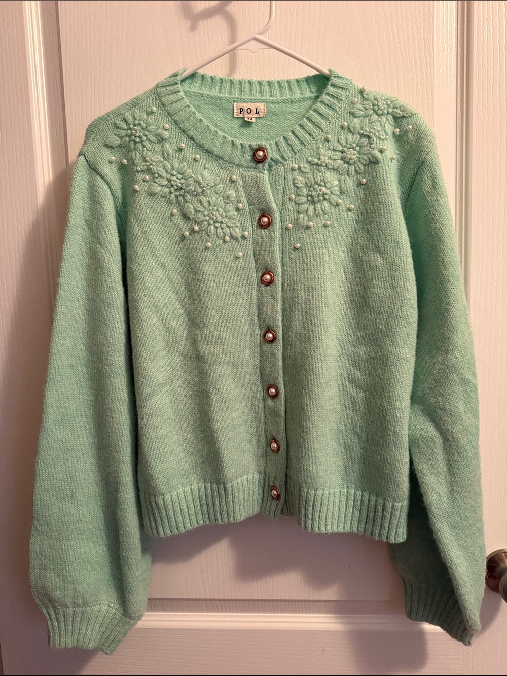 POL Light Mint Green Embroidered Cardigan Sweater